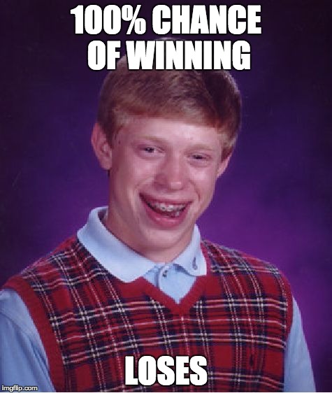 Bad Luck Brian | 100% CHANCE OF WINNING; LOSES | image tagged in memes,bad luck brian | made w/ Imgflip meme maker