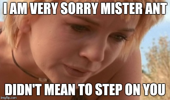 Ant | I AM VERY SORRY MISTER ANT; DIDN'T MEAN TO STEP ON YOU | image tagged in xena warrior princess,gabrielle,xena/gabby meme,ant,ants,sorry | made w/ Imgflip meme maker
