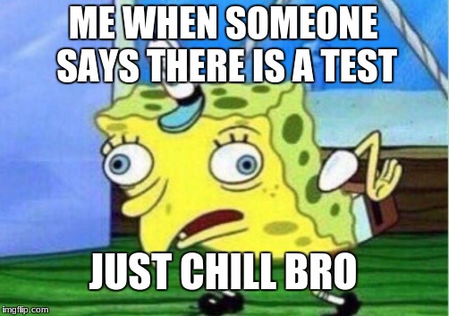 Mocking Spongebob Meme | ME WHEN SOMEONE SAYS
THERE IS A TEST; JUST CHILL BRO | image tagged in memes,mocking spongebob | made w/ Imgflip meme maker