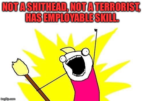 X All The Y Meme | NOT A SHITHEAD, NOT A TERRORIST, HAS EMPLOYABLE SKILL. | image tagged in memes,x all the y | made w/ Imgflip meme maker