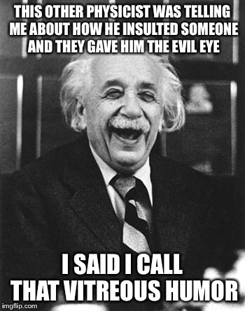 Einstein laugh |  THIS OTHER PHYSICIST WAS TELLING ME ABOUT HOW HE INSULTED SOMEONE AND THEY GAVE HIM THE EVIL EYE; I SAID I CALL THAT VITREOUS HUMOR | image tagged in einstein laugh,memes,funny,bad puns | made w/ Imgflip meme maker