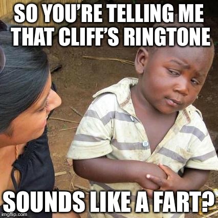 Third World Skeptical Kid | SO YOU’RE TELLING ME THAT CLIFF’S RINGTONE; SOUNDS LIKE A FART? | image tagged in memes,third world skeptical kid,3rd world sceptical child | made w/ Imgflip meme maker