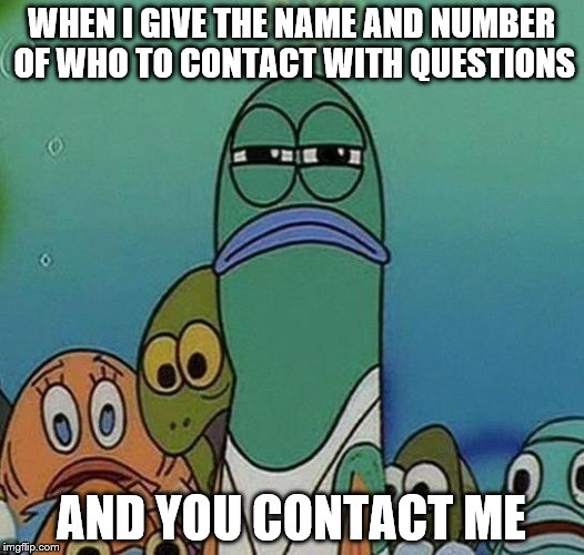 READ your email | WHEN I GIVE THE NAME AND NUMBER OF WHO TO CONTACT WITH QUESTIONS; AND YOU CONTACT ME | image tagged in serious fish,email | made w/ Imgflip meme maker