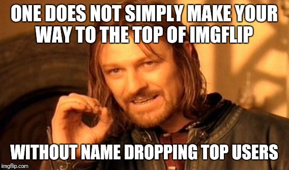 One Does Not Simply | ONE DOES NOT SIMPLY MAKE YOUR WAY TO THE TOP OF IMGFLIP; WITHOUT NAME DROPPING TOP USERS | image tagged in memes,one does not simply | made w/ Imgflip meme maker