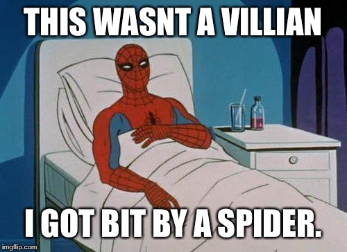 Well isnt that ironic. | THIS WASNT A VILLIAN; I GOT BIT BY A SPIDER. | image tagged in memes,spiderman hospital,spiderman,irony,spiderbite | made w/ Imgflip meme maker