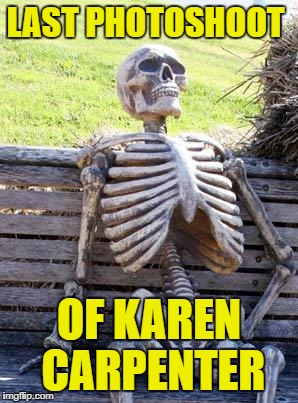 Waiting Skeleton | LAST PHOTOSHOOT; OF KAREN CARPENTER | image tagged in memes,waiting skeleton | made w/ Imgflip meme maker