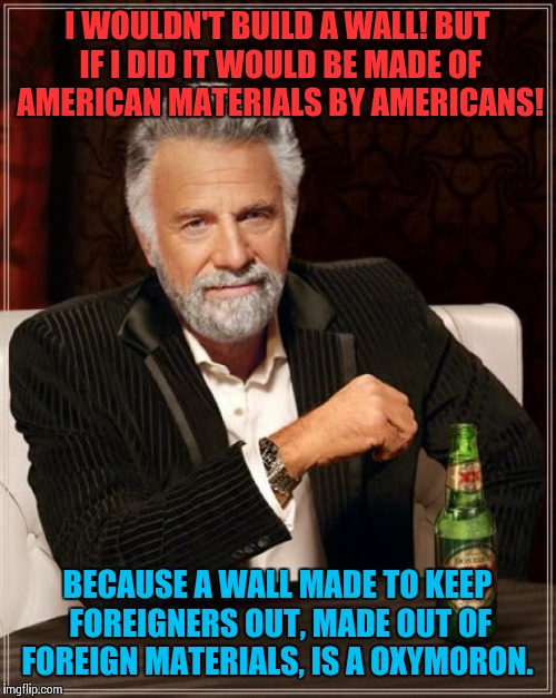 Wall Eyed Logic! | I WOULDN'T BUILD A WALL! BUT IF I DID IT WOULD BE MADE OF AMERICAN MATERIALS BY AMERICANS! BECAUSE A WALL MADE TO KEEP FOREIGNERS OUT, MADE OUT OF FOREIGN MATERIALS, IS A OXYMORON. | image tagged in memes,the most interesting man in the world,donald trump,the wall,republicans | made w/ Imgflip meme maker