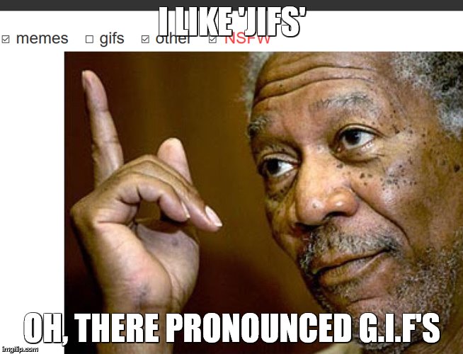 Morgan Freeman Point at GIF |  I LIKE 'JIFS'; OH, THERE PRONOUNCED G.I.F'S | image tagged in morgan freeman point at gif | made w/ Imgflip meme maker