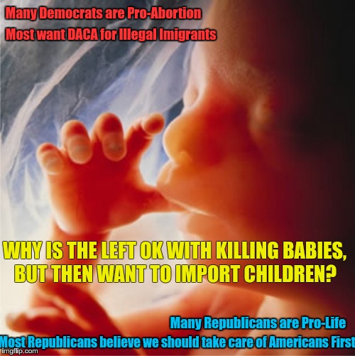 American Dreamer | Many Democrats are Pro-Abortion; Most want DACA for Illegal Imigrants; WHY IS THE LEFT OK WITH KILLING BABIES, BUT THEN WANT TO IMPORT CHILDREN? Many Republicans are Pro-Life; Most Republicans believe we should take care of Americans First | image tagged in abortion is murder,baby,abortion | made w/ Imgflip meme maker