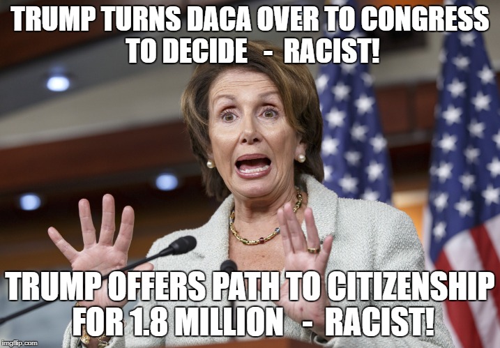 TRUMP TURNS DACA OVER TO CONGRESS TO DECIDE   -  RACIST! TRUMP OFFERS PATH TO CITIZENSHIP FOR 1.8 MILLION   -  RACIST! | image tagged in nancy pelosi wtf | made w/ Imgflip meme maker