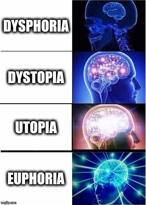 Real or Imagined.. | DYSPHORIA; DYSTOPIA; UTOPIA; EUPHORIA | image tagged in memes,expanding brain,dystopia,utopia | made w/ Imgflip meme maker