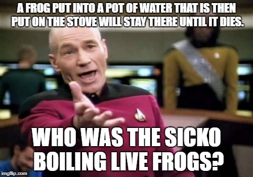 Picard Wtf Meme | A FROG PUT INTO A POT OF WATER THAT IS THEN PUT ON THE STOVE WILL STAY THERE UNTIL IT DIES. WHO WAS THE SICKO BOILING LIVE FROGS? | image tagged in memes,picard wtf | made w/ Imgflip meme maker
