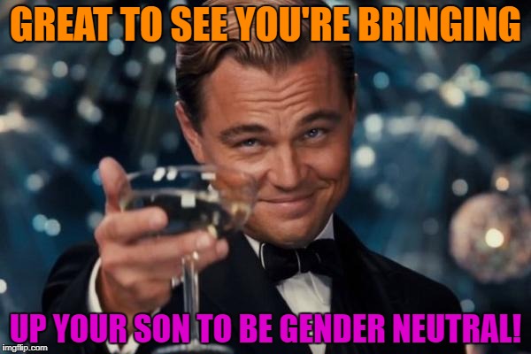 Leonardo Dicaprio Cheers Meme | GREAT TO SEE YOU'RE BRINGING UP YOUR SON TO BE GENDER NEUTRAL! | image tagged in memes,leonardo dicaprio cheers | made w/ Imgflip meme maker