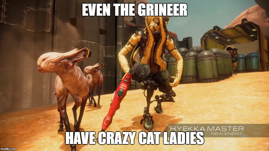 EVEN THE GRINEER; HAVE CRAZY CAT LADIES | image tagged in warframe,grineer,hyekka,hyekka master,crazy cat lady | made w/ Imgflip meme maker