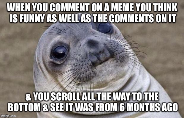 True story | WHEN YOU COMMENT ON A MEME YOU THINK IS FUNNY AS WELL AS THE COMMENTS ON IT; & YOU SCROLL ALL THE WAY TO THE BOTTOM & SEE IT WAS FROM 6 MONTHS AGO | image tagged in memes,awkward moment sealion,comments,welp | made w/ Imgflip meme maker