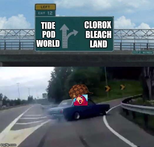 Left Exit 12 Off Ramp Meme | CLOROX BLEACH LAND; TIDE POD WORLD | image tagged in left exit 12 off ramp,scumbag | made w/ Imgflip meme maker