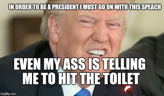 Hard to be a president | IN ORDER TO BE A PRESIDENT I MUST GO ON WITH THIS SPEACH; EVEN MY ASS IS TELLING ME TO HIT THE TOILET | image tagged in donald trump,trump,toilet,ass,having a bad day,bad luck | made w/ Imgflip meme maker