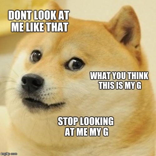 Doge Meme | DONT LOOK AT ME LIKE THAT; WHAT YOU THINK THIS IS MY G; STOP LOOKING AT ME MY G | image tagged in memes,doge | made w/ Imgflip meme maker
