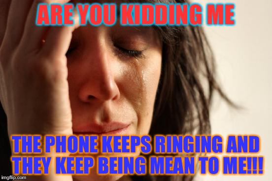 First World Problems Meme | ARE YOU KIDDING ME; THE PHONE KEEPS RINGING AND THEY KEEP BEING MEAN TO ME!!! | image tagged in memes,first world problems | made w/ Imgflip meme maker