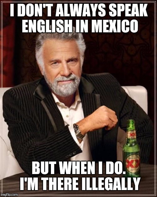 The Most Interesting Man In The World Meme | I DON'T ALWAYS SPEAK ENGLISH IN MEXICO BUT WHEN I DO. I'M THERE ILLEGALLY | image tagged in memes,the most interesting man in the world | made w/ Imgflip meme maker