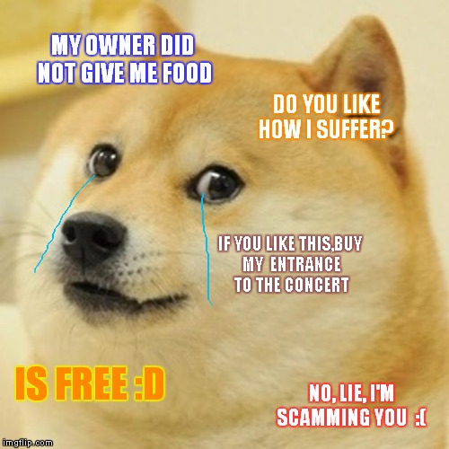 Doge | MY OWNER DID NOT GIVE ME FOOD; DO YOU LIKE HOW I SUFFER? IF YOU LIKE THIS,BUY MY 
ENTRANCE TO THE CONCERT; IS FREE :D; NO, LIE, I'M SCAMMING YOU  :( | image tagged in memes,doge | made w/ Imgflip meme maker