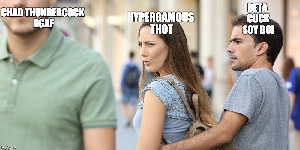 Distracted girlfriend | HYPERGAMOUS THOT; CHAD THUNDERCOCK DGAF; BETA CUCK SOY BOI | image tagged in distracted girlfriend | made w/ Imgflip meme maker