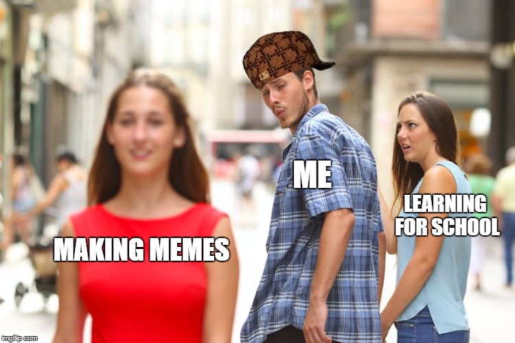 Distracted Boyfriend Meme | ME; LEARNING FOR SCHOOL; MAKING MEMES | image tagged in memes,distracted boyfriend,scumbag | made w/ Imgflip meme maker