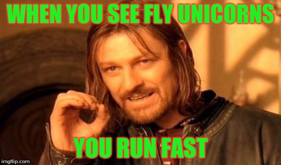 One Does Not Simply Meme | WHEN YOU SEE FLY UNICORNS; YOU RUN FAST | image tagged in memes,one does not simply | made w/ Imgflip meme maker
