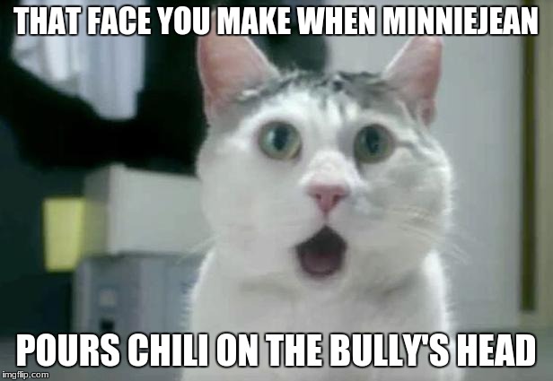 OMG Cat Meme | THAT FACE YOU MAKE WHEN MINNIEJEAN; POURS CHILI ON THE BULLY'S HEAD | image tagged in memes,omg cat | made w/ Imgflip meme maker