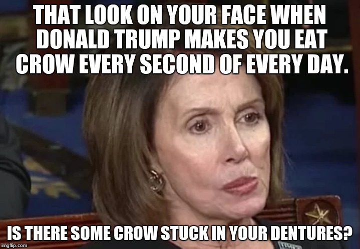 THAT LOOK ON YOUR FACE WHEN DONALD TRUMP MAKES YOU EAT CROW EVERY SECOND OF EVERY DAY. IS THERE SOME CROW STUCK IN YOUR DENTURES? | image tagged in nancy pelosi,crow,democrat,hate | made w/ Imgflip meme maker