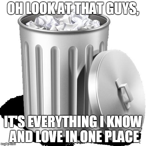 Trash can full | OH LOOK AT THAT GUYS, IT'S EVERYTHING I KNOW AND LOVE IN ONE PLACE | image tagged in trash can full | made w/ Imgflip meme maker