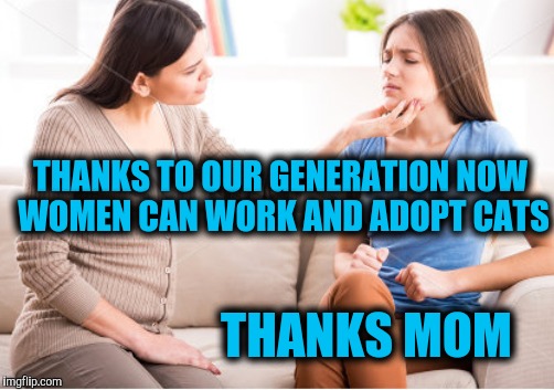 THANKS TO OUR GENERATION NOW WOMEN CAN WORK AND ADOPT CATS THANKS MOM | made w/ Imgflip meme maker