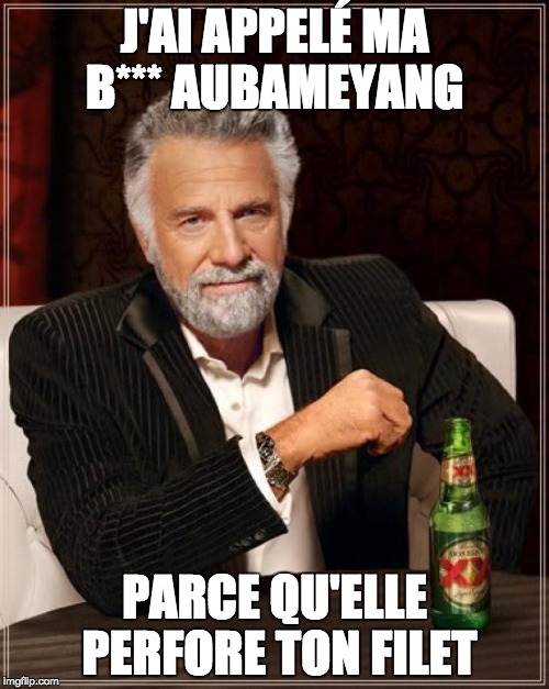 The Most Interesting Man In The World Meme | J'AI APPELÉ MA B*** AUBAMEYANG; PARCE QU'ELLE PERFORE TON FILET | image tagged in memes,the most interesting man in the world | made w/ Imgflip meme maker