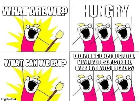 What Do We Want | WHAT ARE WE? HUNGRY; EVERYTHING ECEPT OF GLUTEN, MEAT, LACTOSE, PESTICIDE, CARBOHYDRATES OR GREASY; WHAT CAN WE EAT? | image tagged in memes,what do we want | made w/ Imgflip meme maker