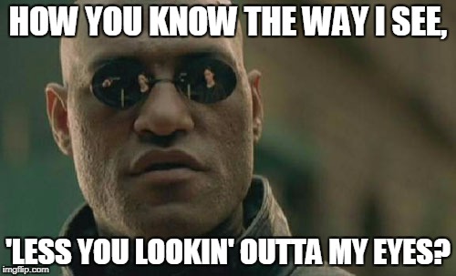 Matrix Morpheus Meme | HOW YOU KNOW THE WAY I SEE, 'LESS YOU LOOKIN' OUTTA MY EYES? | image tagged in memes,matrix morpheus | made w/ Imgflip meme maker