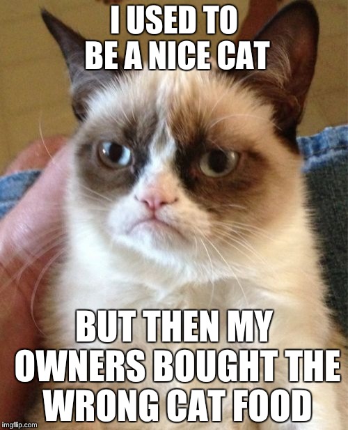 Grumpy Cat Meme | I USED TO BE A NICE CAT; BUT THEN MY OWNERS BOUGHT THE WRONG CAT FOOD | image tagged in memes,grumpy cat,funny,points,cat food | made w/ Imgflip meme maker