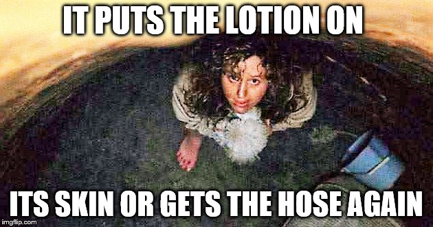 girl in pit, silence of the lambs | IT PUTS THE LOTION ON; ITS SKIN OR GETS THE HOSE AGAIN | image tagged in girl in pit silence of the lambs | made w/ Imgflip meme maker