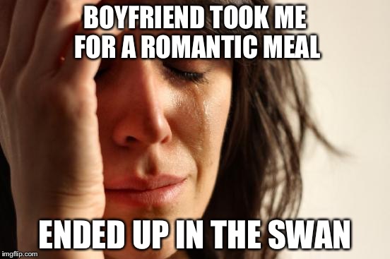 First World Problems Meme | BOYFRIEND TOOK ME FOR A ROMANTIC MEAL; ENDED UP IN THE SWAN | image tagged in memes,first world problems | made w/ Imgflip meme maker