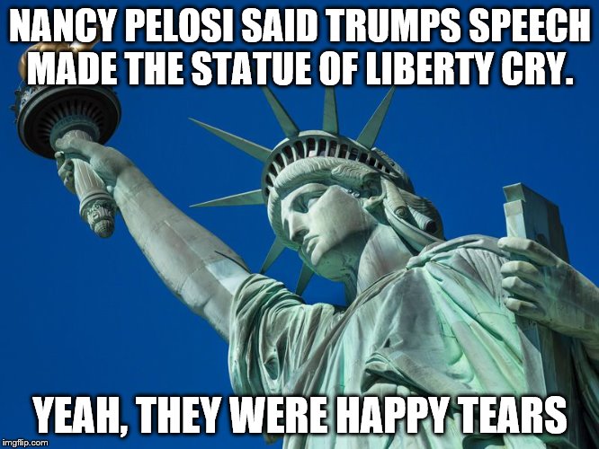 Statue of Liberty | NANCY PELOSI SAID TRUMPS SPEECH MADE THE STATUE OF LIBERTY CRY. YEAH, THEY WERE HAPPY TEARS | image tagged in statue of liberty | made w/ Imgflip meme maker