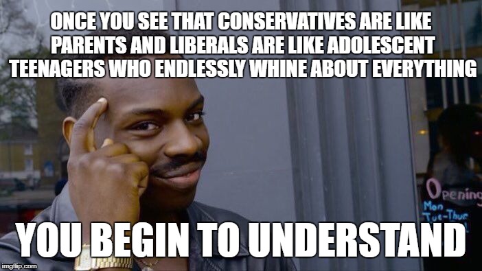 Roll Safe Think About It Meme | ONCE YOU SEE THAT CONSERVATIVES ARE LIKE PARENTS AND LIBERALS ARE LIKE ADOLESCENT TEENAGERS WHO ENDLESSLY WHINE ABOUT EVERYTHING; YOU BEGIN TO UNDERSTAND | image tagged in memes,roll safe think about it | made w/ Imgflip meme maker