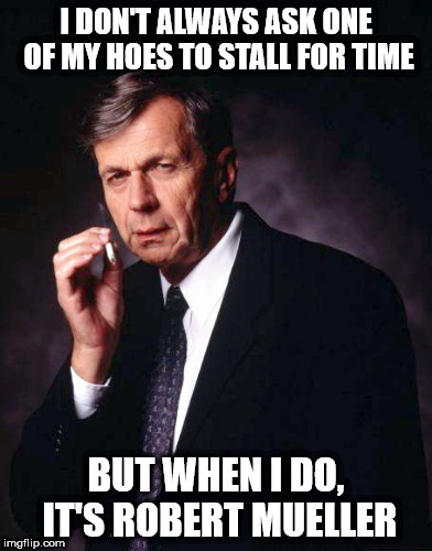 The X-Files' Smoking Man | I DON'T ALWAYS ASK ONE OF MY HOES TO STALL FOR TIME; BUT WHEN I DO, IT'S ROBERT MUELLER | image tagged in the x-files' smoking man,fbi,robert mueller | made w/ Imgflip meme maker