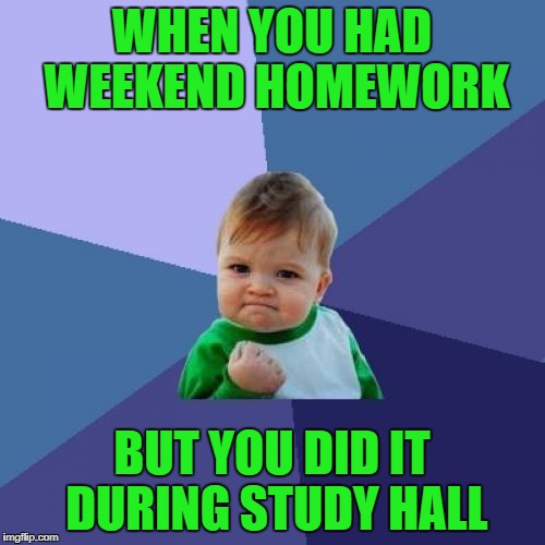 Success Kid Meme | WHEN YOU HAD WEEKEND HOMEWORK BUT YOU DID IT DURING STUDY HALL | image tagged in memes,success kid | made w/ Imgflip meme maker