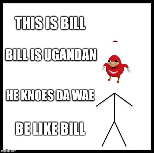 Bill knoes da wae! | THIS IS BILL; BILL IS UGANDAN; HE KNOES DA WAE; BE LIKE BILL | image tagged in memes,be like bill,ugandan knuckles | made w/ Imgflip meme maker