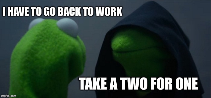 Evil Kermit Meme | I HAVE TO GO BACK TO WORK; TAKE A TWO FOR ONE | image tagged in memes,evil kermit | made w/ Imgflip meme maker