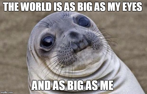 Awkward Moment Sealion | THE WORLD IS AS BIG AS MY EYES; AND AS BIG AS ME | image tagged in memes,awkward moment sealion | made w/ Imgflip meme maker
