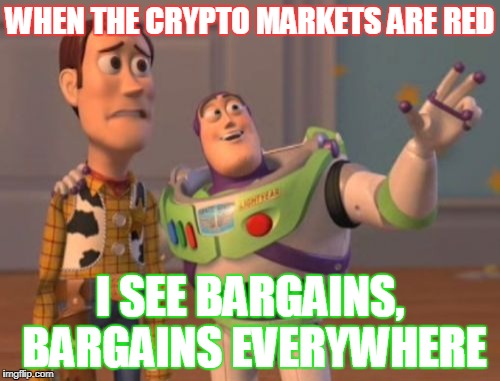 X, X Everywhere Meme | WHEN THE CRYPTO MARKETS ARE RED; I SEE BARGAINS, BARGAINS EVERYWHERE | image tagged in memes,x x everywhere | made w/ Imgflip meme maker