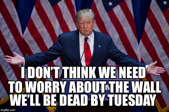 Donald Trump | I DON’T THINK WE NEED TO WORRY ABOUT THE WALL; WE’LL BE DEAD BY TUESDAY | image tagged in donald trump,death,tuesday,wall | made w/ Imgflip meme maker