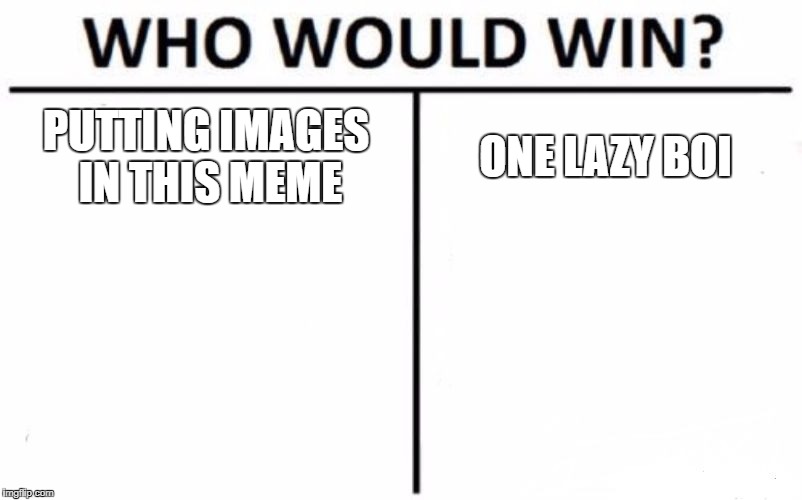 Who Would Win? Meme | PUTTING IMAGES IN THIS MEME; ONE LAZY BOI | image tagged in memes,who would win | made w/ Imgflip meme maker