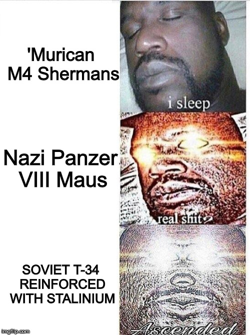I sleep meme with ascended template | 'Murican M4 Shermans; Nazi Panzer VIII Maus; SOVIET T-34 REINFORCED WITH STALINIUM | image tagged in i sleep meme with ascended template,war thunder | made w/ Imgflip meme maker