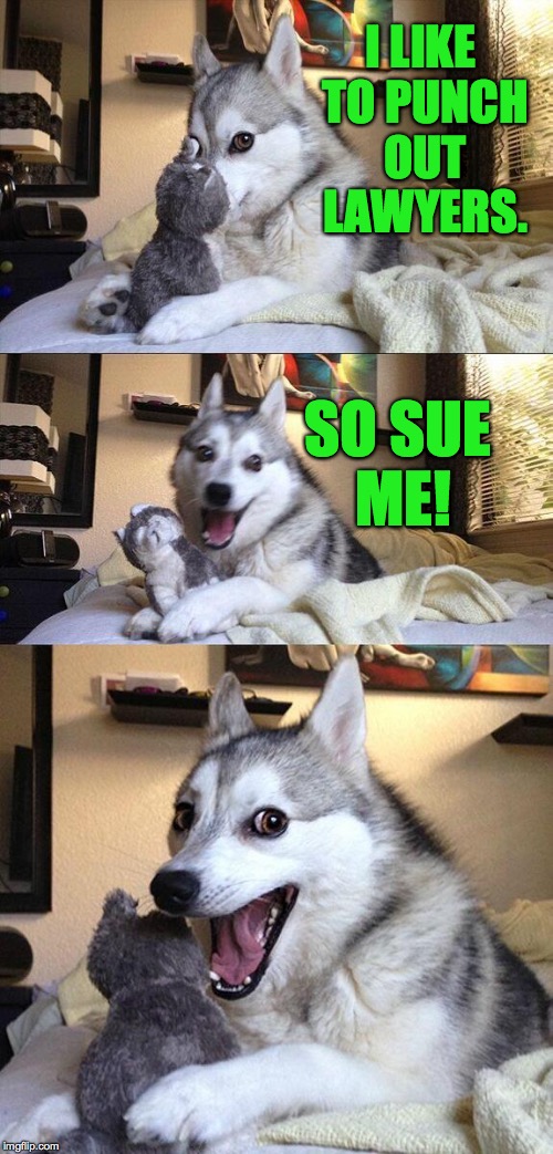 Bad Pun Dog | I LIKE TO PUNCH OUT LAWYERS. SO SUE ME! | image tagged in memes,bad pun dog,lawyers | made w/ Imgflip meme maker